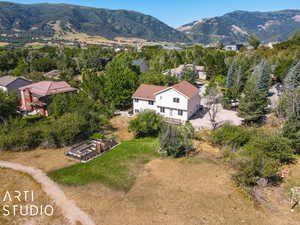 Birds eye view of property with a mountain view