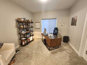 Home office featuring light colored carpet and a textured ceiling