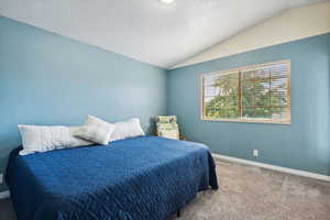 Carpeted bedroom featuring vaulted ceiling