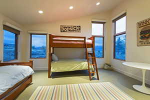 Carpeted bedroom with vaulted ceiling