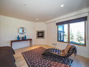 Living room with light hardwood / wood-style floors