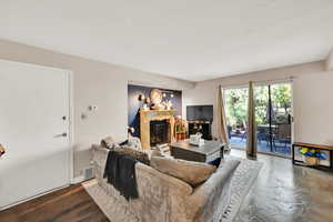 Living room with stamped concrete floors.