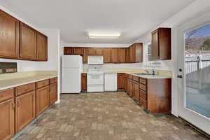 Kitchen featuring white appliances and sink