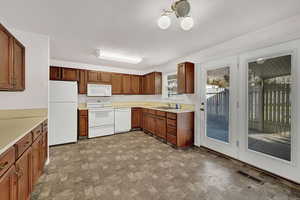 Kitchen with white appliances and sink