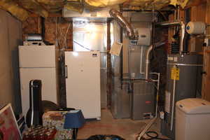 Utility room featuring water heater and softner