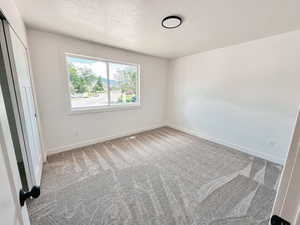 Carpeted spare room featuring a textured ceiling