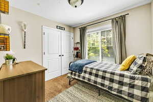 Bedroom with a closet and carpet flooring