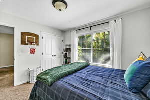 Carpeted bedroom featuring a closet