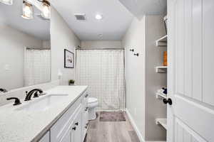 Bathroom featuring wood-type flooring, curtained shower, vanity, and toilet