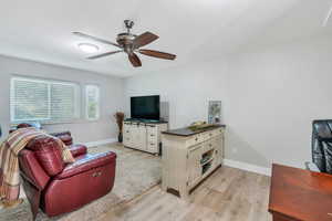 Living room with ceiling fan and light wood-type flooring