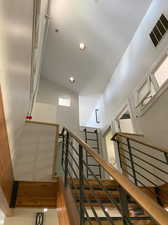 Staircase featuring a towering ceiling