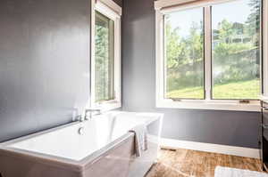 Bathroom with hardwood / wood-style flooring, a tub, vanity, and plenty of natural light