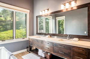 Bathroom featuring vanity and wood-type flooring