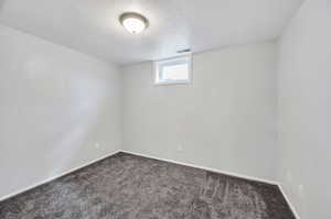 Carpeted spare room featuring a textured ceiling