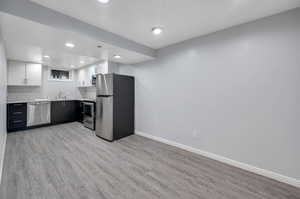 Kitchen with light wood-type flooring, decorative backsplash, white cabinets, sink, and stainless steel appliances