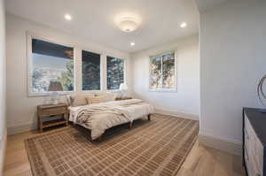 Bedroom with light hardwood / wood-style floors