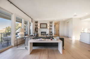 Living room featuring built in features and light wood-type flooring