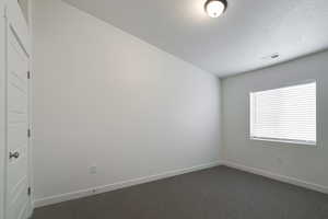 Interior space with a textured ceiling and dark carpet