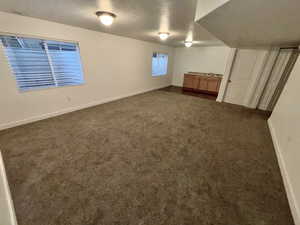 Interior space featuring dark carpet, a textured ceiling, and sink