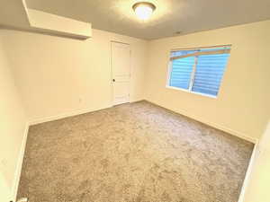 Carpeted empty room with a textured ceiling