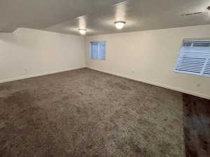 Carpeted spare room with a textured ceiling