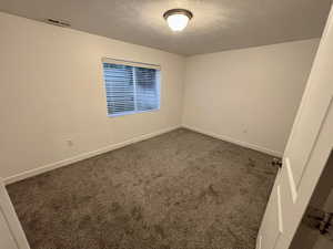 Carpeted empty room with a textured ceiling