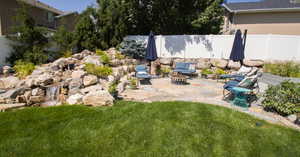 Spacious sitting area near waterfall