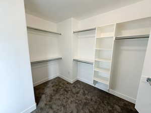 Walk in closet featuring dark colored carpet