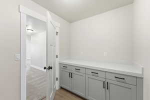 Bar featuring gray cabinets, light wood finished floors, and light stone counters