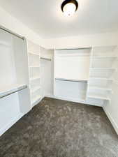 Walk in closet featuring dark carpet