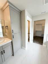 Bathroom with vanity and a spacious closet