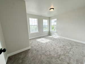 Carpeted empty room featuring baseboards and a textured ceiling