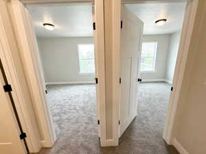 Hallway featuring carpet and a textured ceiling