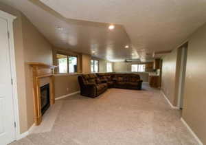 Living room featuring a textured ceiling, vaulted ceiling, and light carpet