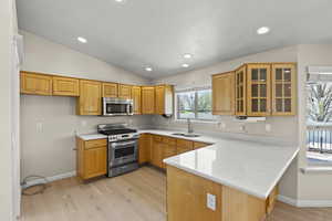Kitchen with appliances with stainless steel finishes, a sink, a peninsula, glass insert cabinets, and light wood-style flooring