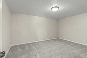 Empty room featuring baseboards, carpet flooring, and a textured ceiling