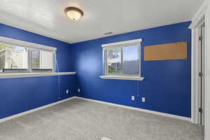 Carpeted spare room featuring baseboards, a textured ceiling, and visible vents