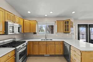 Kitchen with a peninsula, glass insert cabinets, light wood-style floors, a sink, and stainless steel appliances