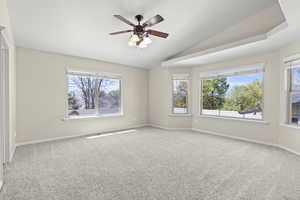 Unfurnished room with carpet flooring, plenty of natural light, and lofted ceiling