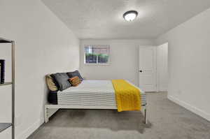 Bedroom with light colored carpet