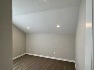 Additional living space with vaulted ceiling, a textured ceiling, and carpet flooring