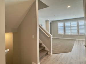 Interior space featuring carpet and a textured ceiling