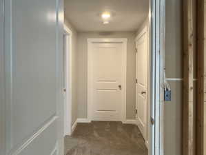 Hall with dark colored carpet