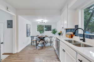 Kitchen with dishwasher, sink, light hardwood / wood-style flooring, and white cabinets