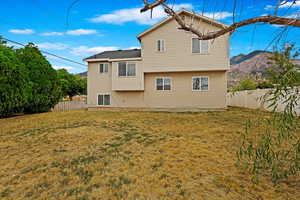 Rear view of property featuring a mountain view and a yard