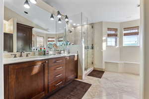 Primary Ensuite Bathroom with a wealth of natural light, an enclosed shower, vanity, and tile patterned floors. Large Seating Area with Box Window