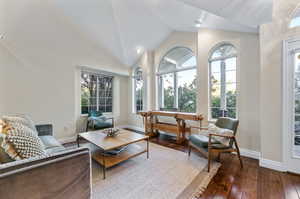 Living room featuring dark hardwood / wood-style flooring and high vaulted ceiling