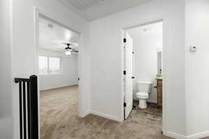 upstairs landing and hall carpeted with white painted walls