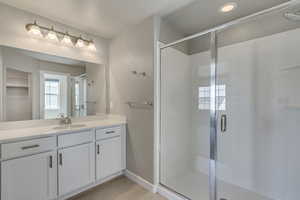 Bathroom with an enclosed shower, vanity, and wood-type flooring