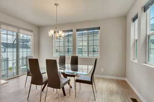 Dining room with light hardwood / wood-style floors and a healthy amount of sunlight